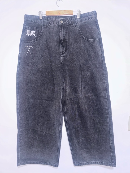 Other - Black Washed Gloe Wide Leg Denim Jeans with White Embroidered Details